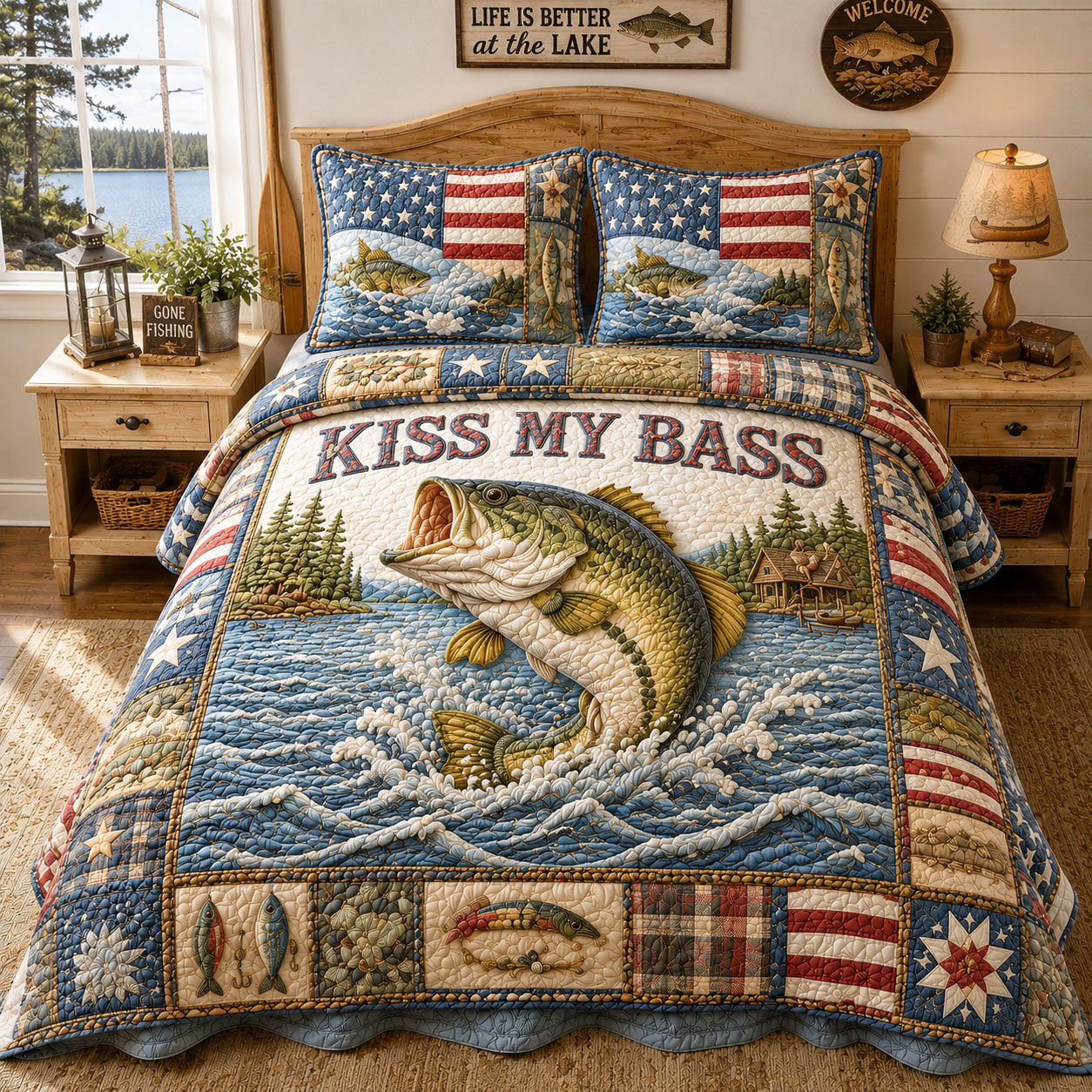 Rustic Cabin Lake Kiss My Bass 3-Piece Quilted Bedding Set GFTOHNL824
