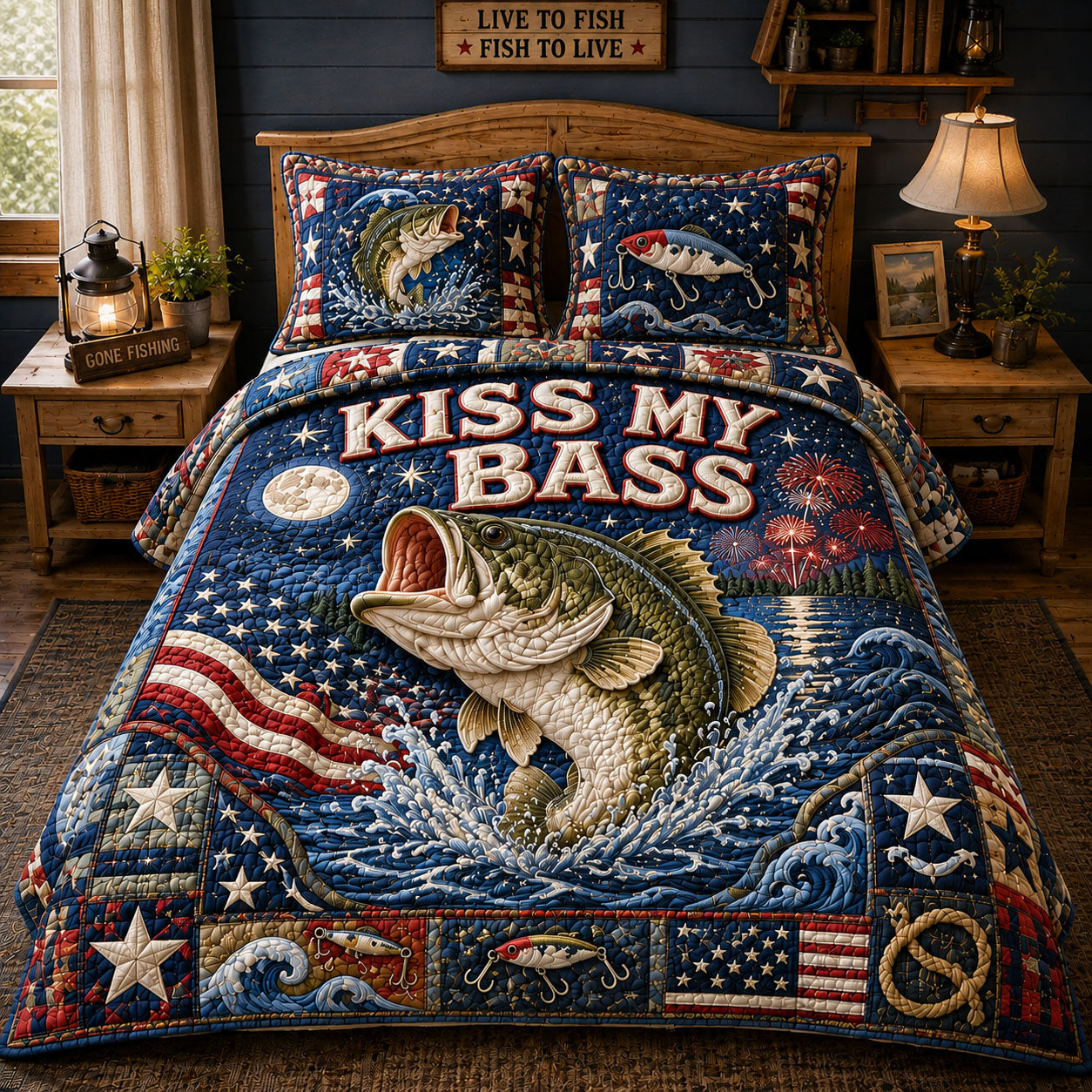 Fireworks Night Patriotic Kiss My Bass 3-Piece Quilted Bedding Set GFTOHNL826