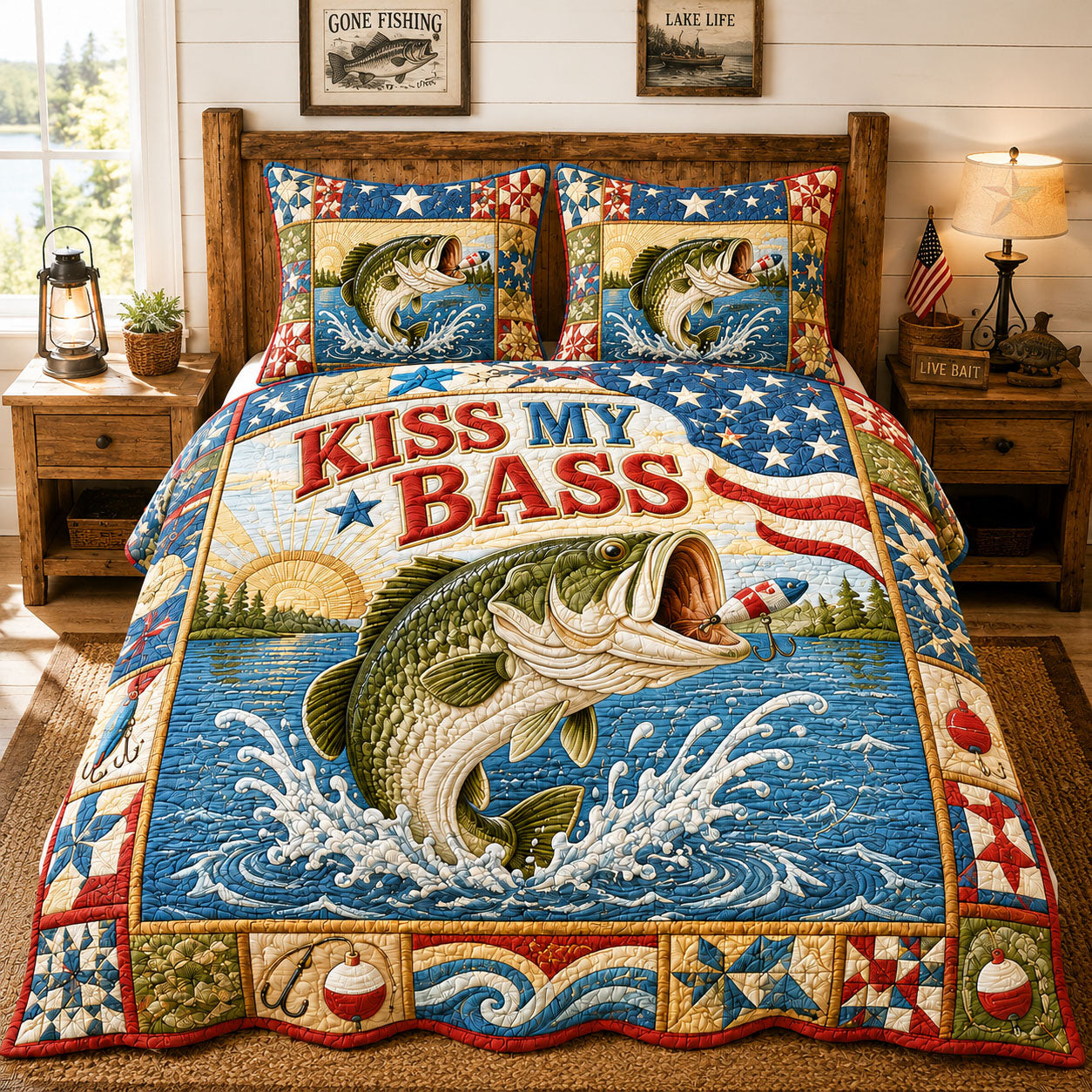 Sunrise Lake Patriotic Kiss My Bass 3-Piece Quilted Bedding Set GFTOHNL827