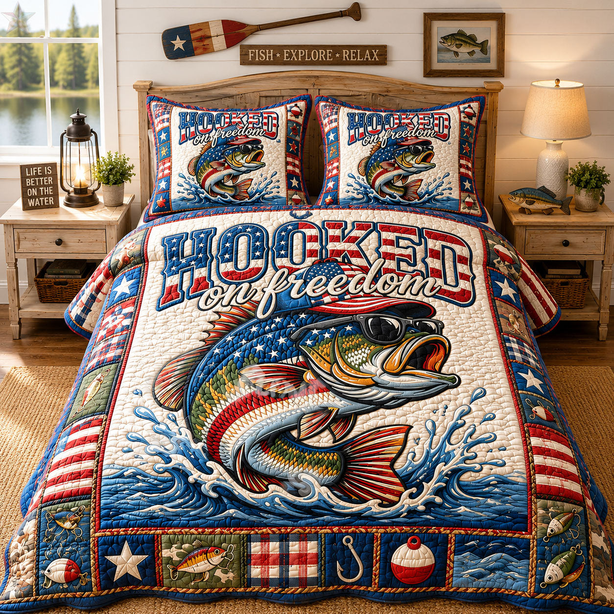 Patriotic Bass Hooked On Freedom 3-Piece Quilted Bedding Set GFTOHNL828