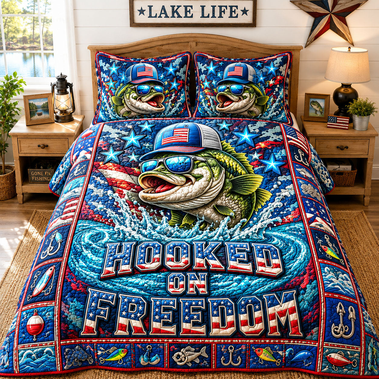 Fireworks Bass Hooked On Freedom 3-Piece Quilted Bedding Set GFTOHNL831