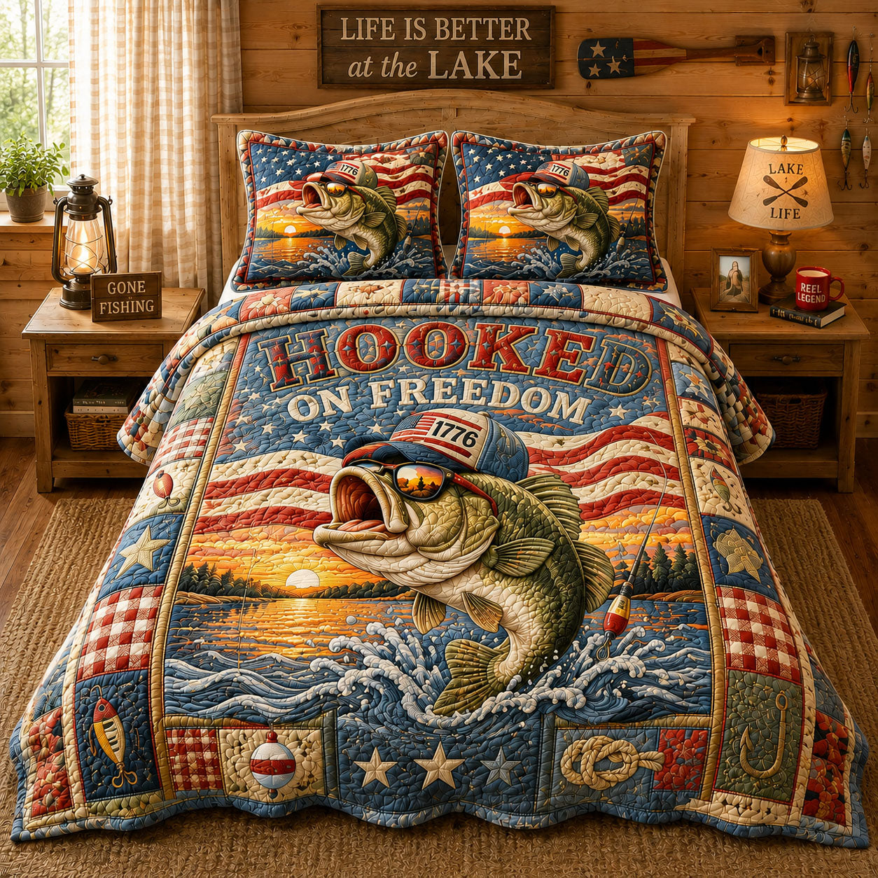 Vintage Americana Hooked On Freedom 3-Piece Quilted Bedding Set GFTOHNL833