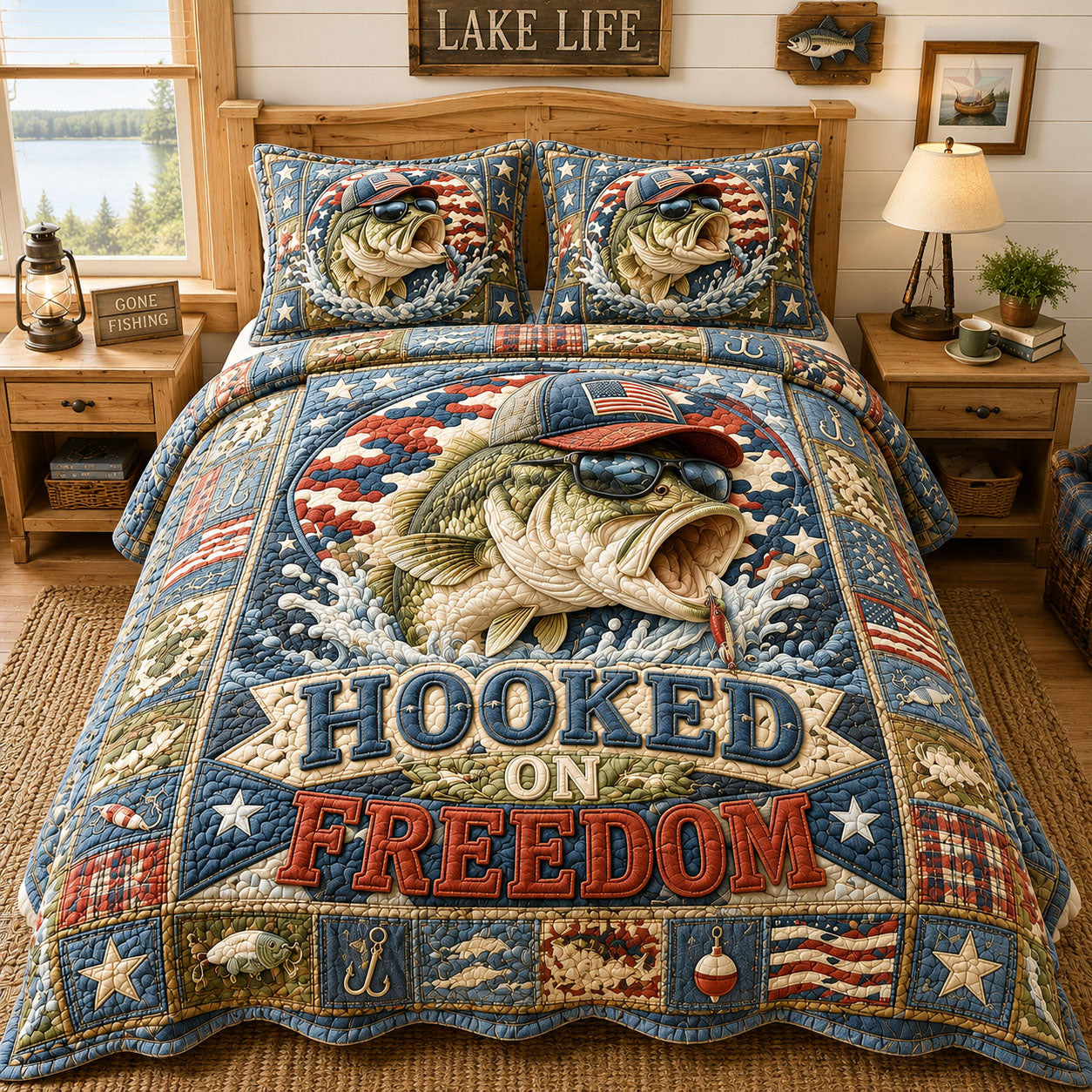 Rustic Lodge Hooked On Freedom 3-Piece Quilted Bedding Set GFTOHNL834