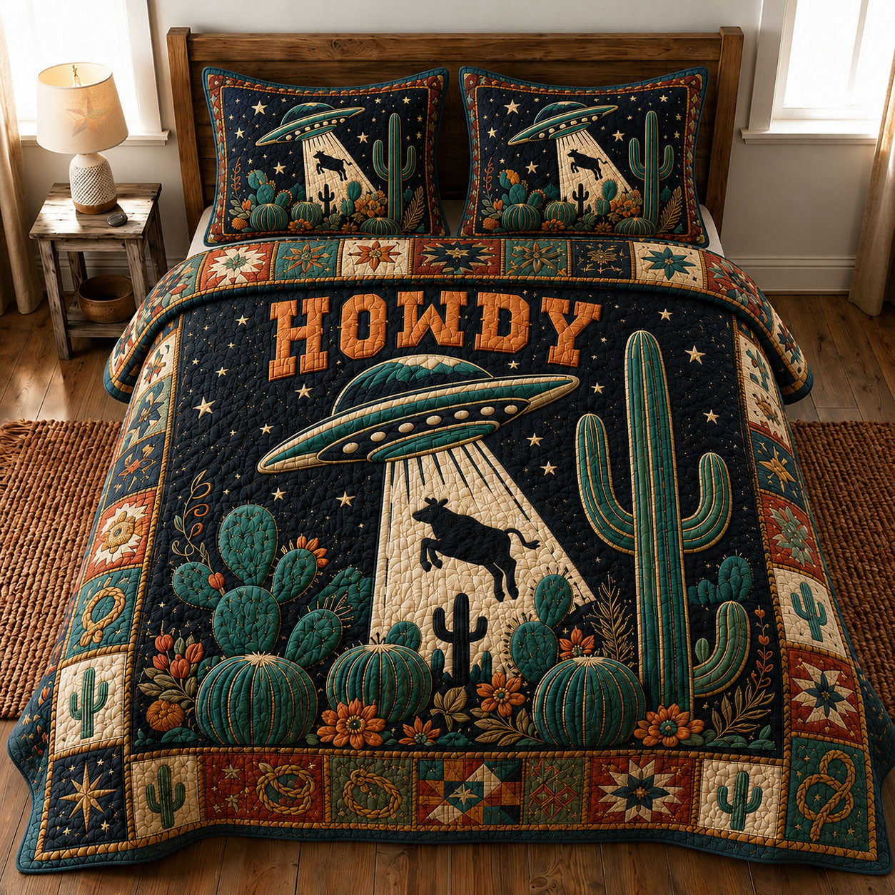 Desert UFO Cow Abduction Howdy 3-Piece Quilted Bedding Set GFTOHNL868
