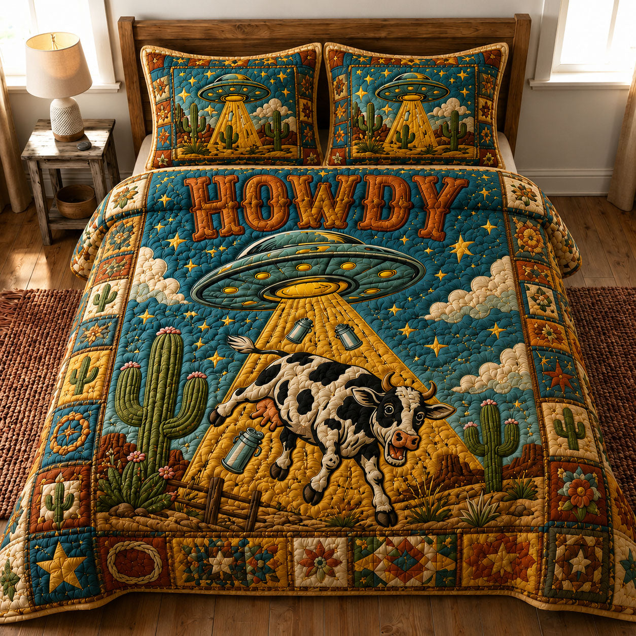 Golden Beam UFO Cow Howdy 3-Piece Quilted Bedding Set GFTOHNL869