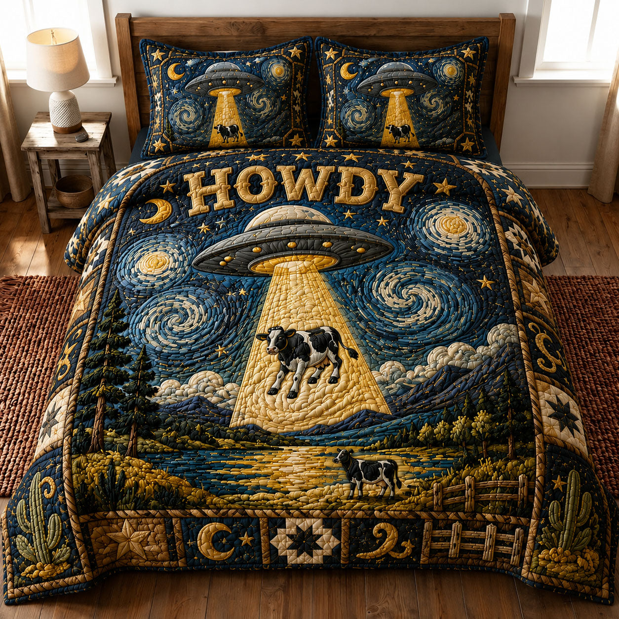 Starry Night UFO Cow Abduction Howdy 3-Piece Quilted Bedding Set GFTOHNL870