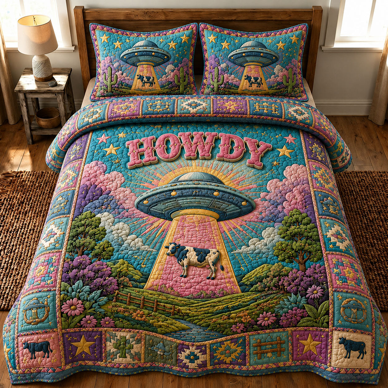 Pastel Cosmic Cow Abduction Howdy 3-Piece Quilted Bedding Set GFTOHNL871