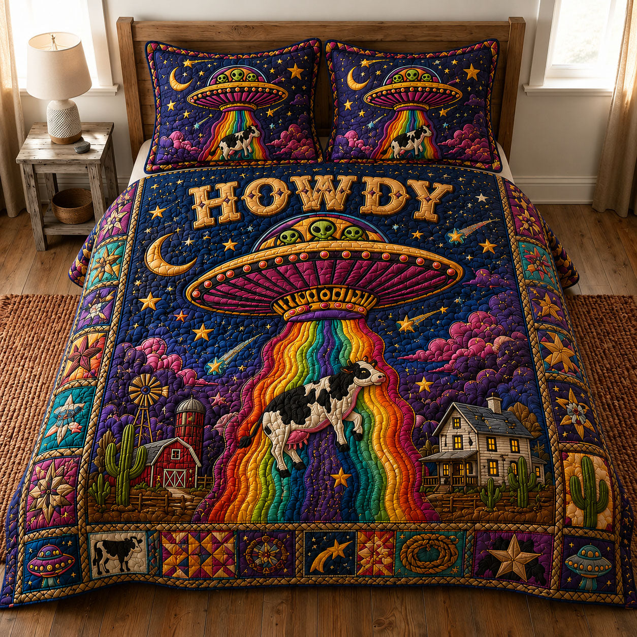 Rainbow Alien UFO Cow Abduction Howdy 3-Piece Quilted Bedding Set GFTOHNL872