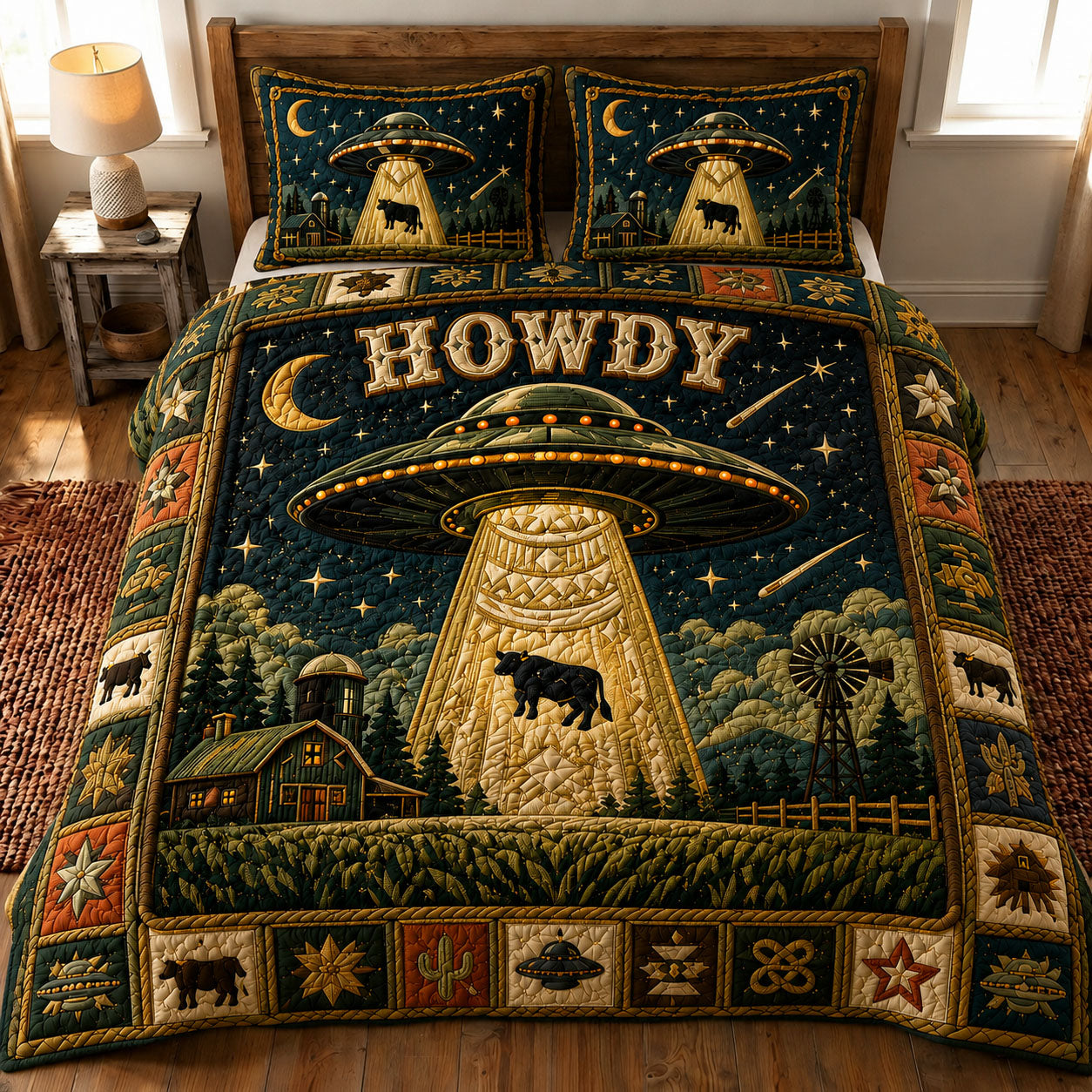 Midnight Ranch UFO Cow Howdy 3-Piece Quilted Bedding Set GFTOHNL873