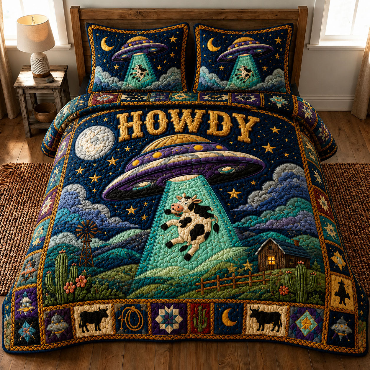 Moonlit Purple UFO Cow Abduction Howdy 3-Piece Quilted Bedding Set GFTOHNL874