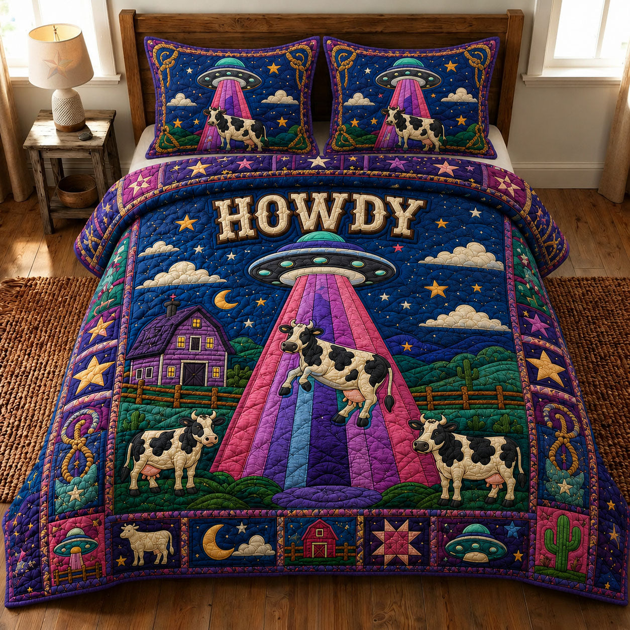 Turquoise Beam UFO Cow Howdy 3-Piece Quilted Bedding Set GFTOHNL875