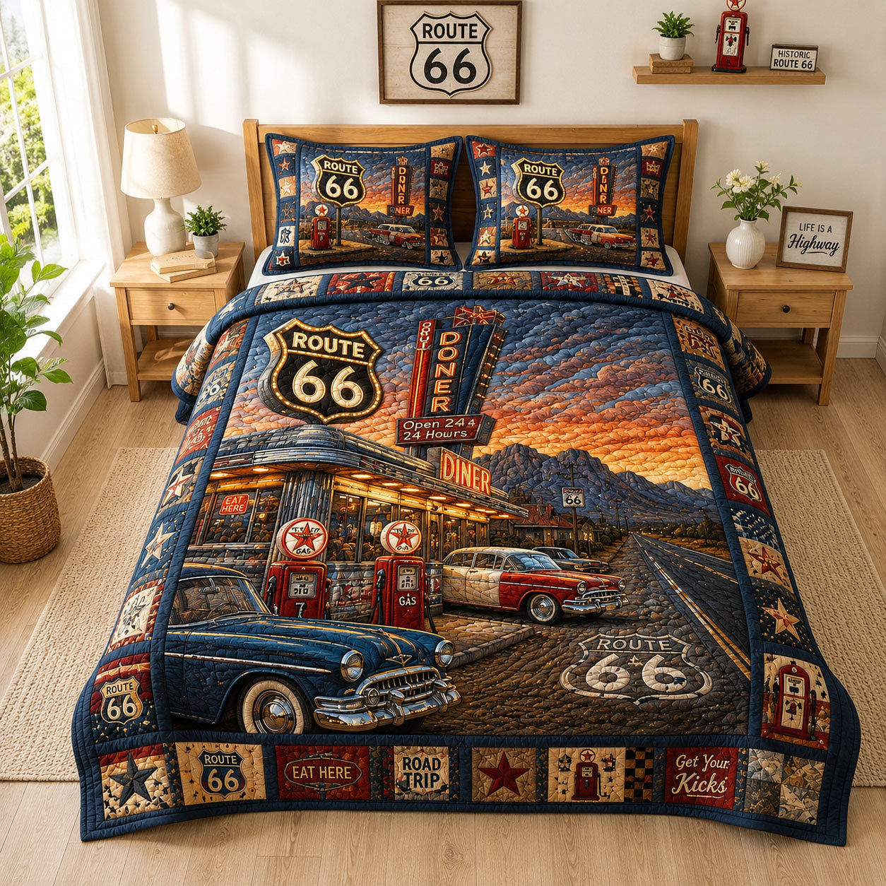 Route 66 Retro Diner Road Trip 3-Piece Quilted Bedding Set GFTOHNL878