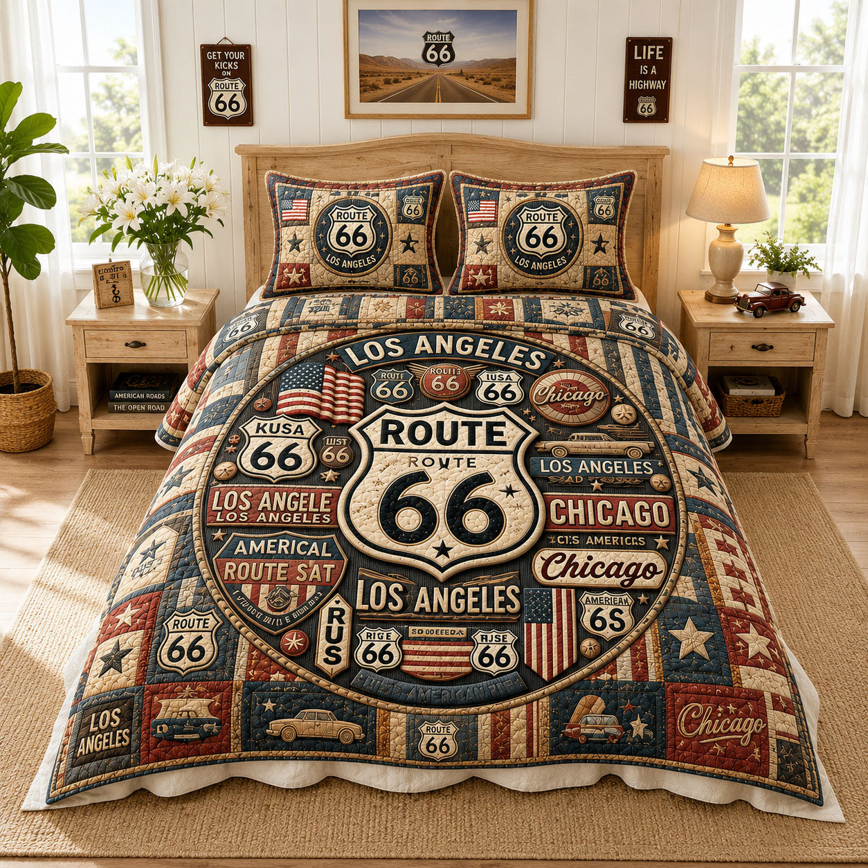 Route 66 Los Angeles To Chicago 3-Piece Quilted Bedding Set GFTOHNL879