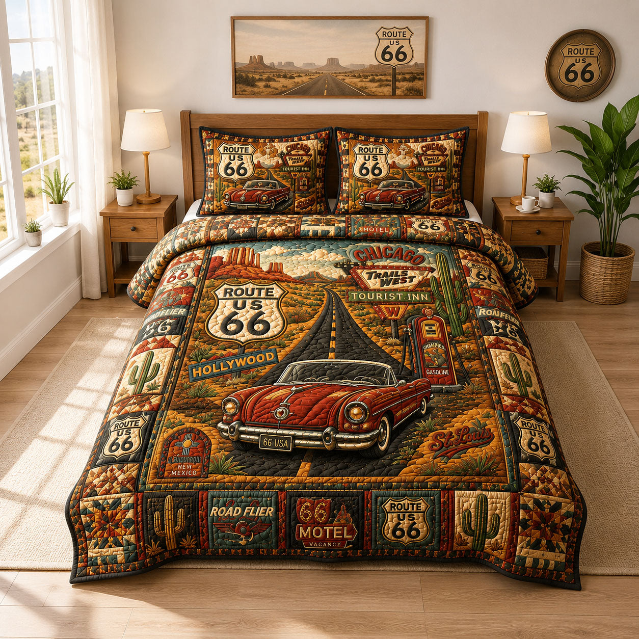 Route 66 Tourist Inn Classic Car 3-Piece Quilted Bedding Set GFTOHNL880