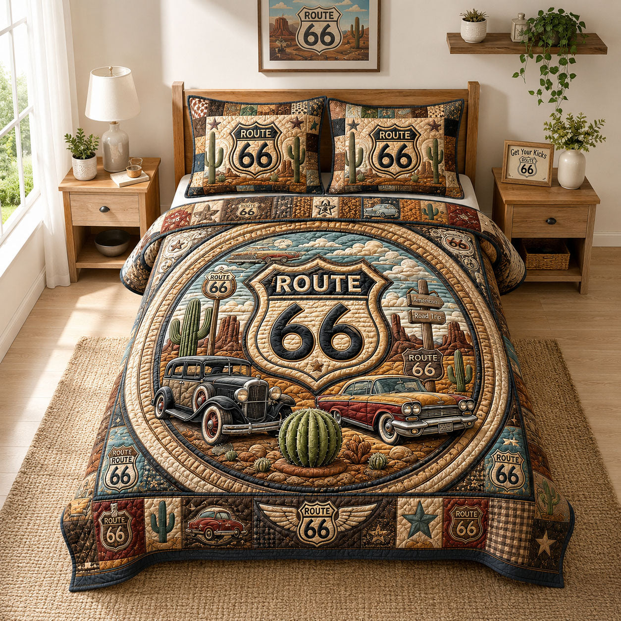 Route 66 Desert Highway Classic Cars 3-Piece Quilted Bedding Set GFTOHNL881
