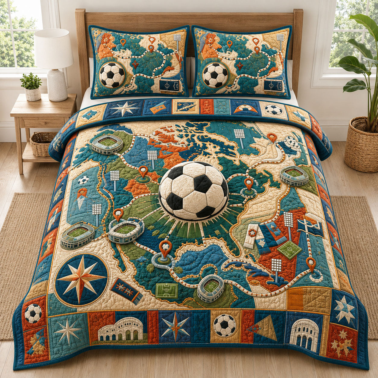 Soccer Journey Map 3-Piece Quilted Bedding Set GFTOHNL935