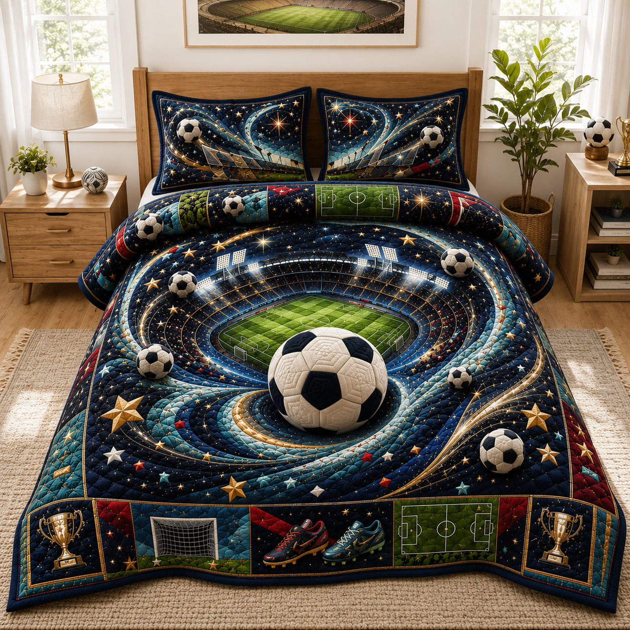 Cosmic Soccer Arena 3-Piece Quilted Bedding Set GFTOHNL944