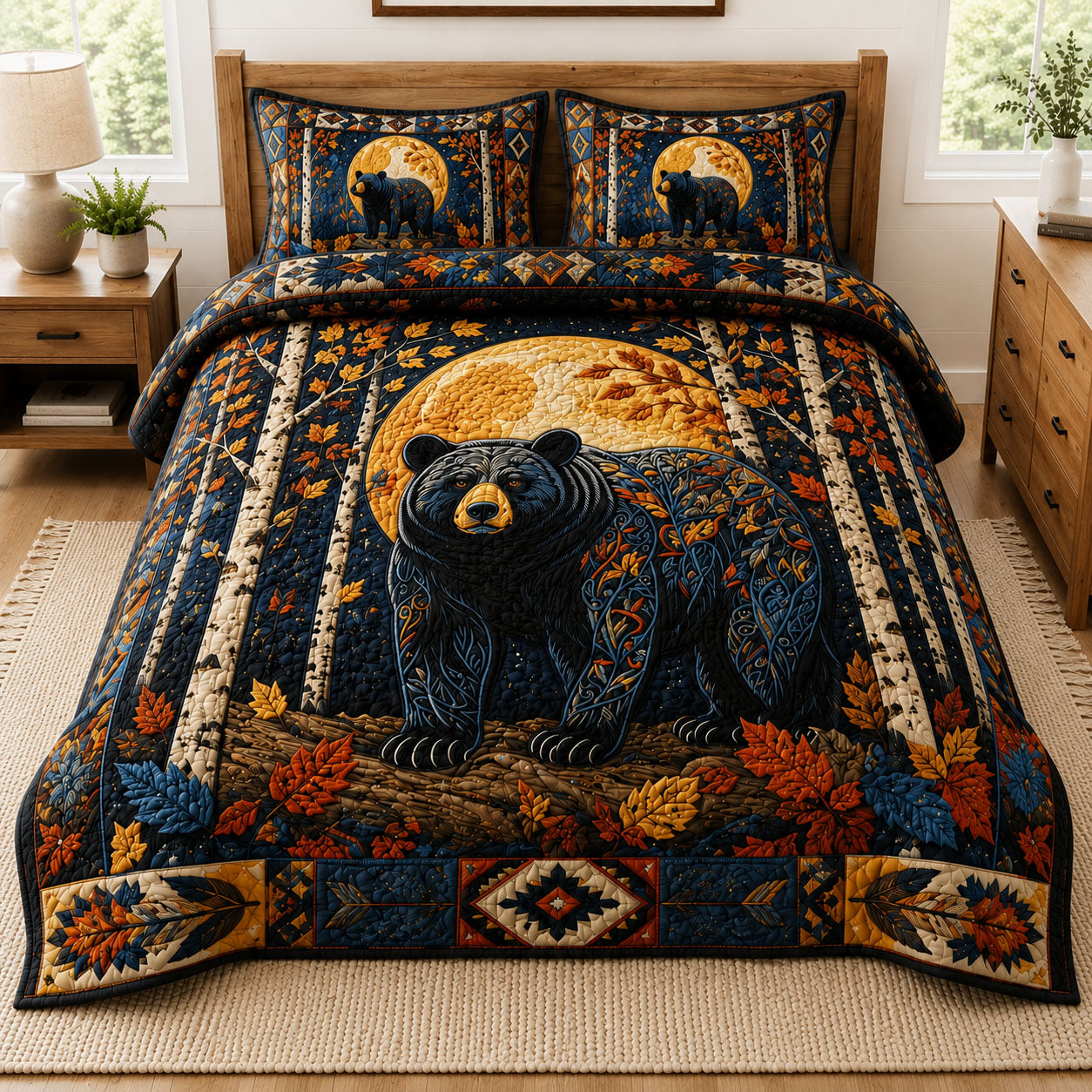 Midnight Moon Bear Forest 3-Piece Quilted Bedding Set GFTOHNL988
