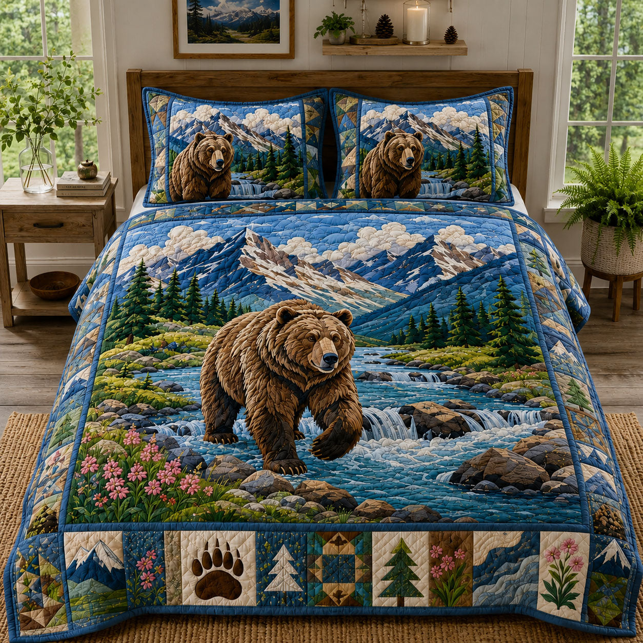 Mountain River Grizzly Bear 3-Piece Quilted Bedding Set GFTOHNL989