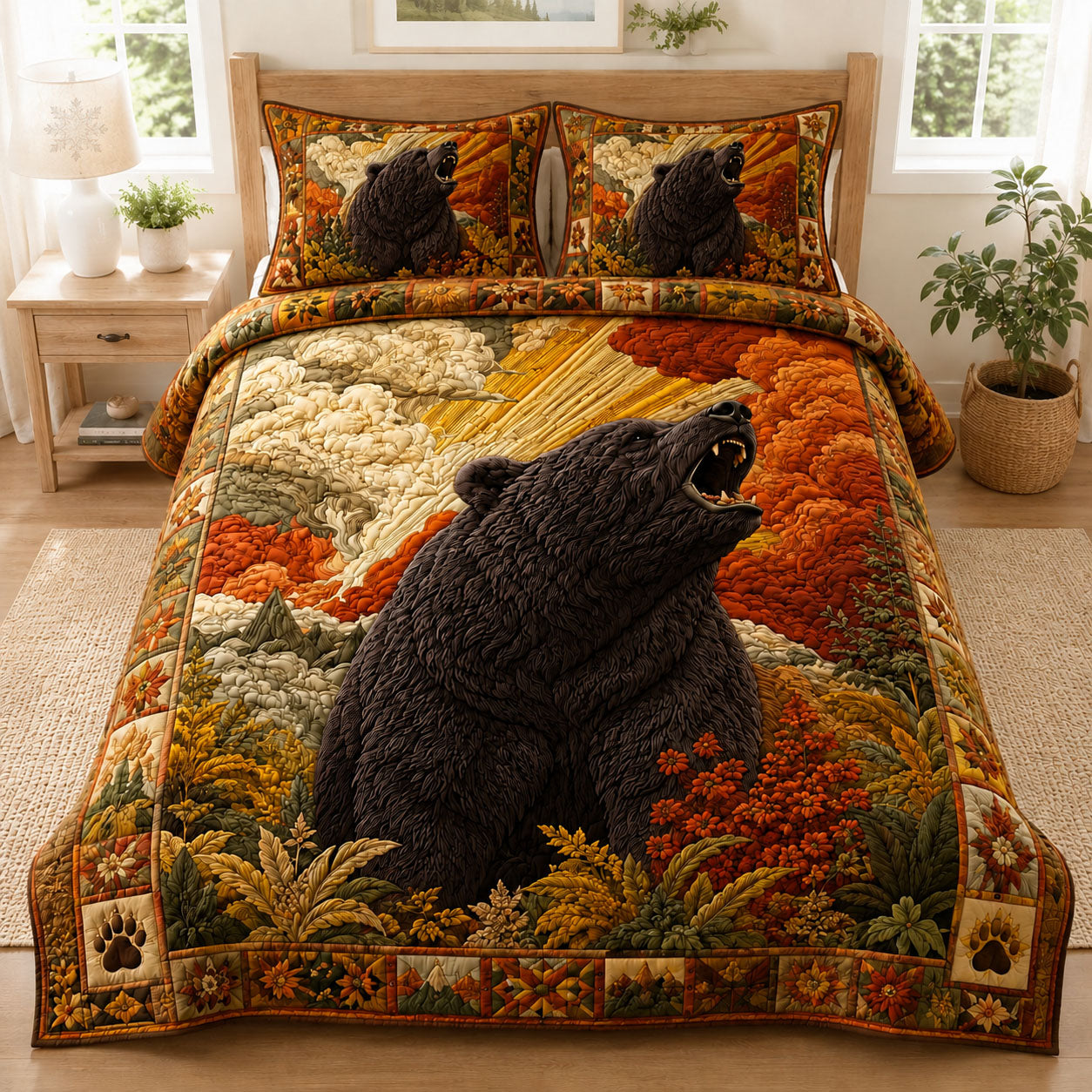Roaring Grizzly Autumn Forest 3-Piece Quilted Bedding Set GFTOHNL991