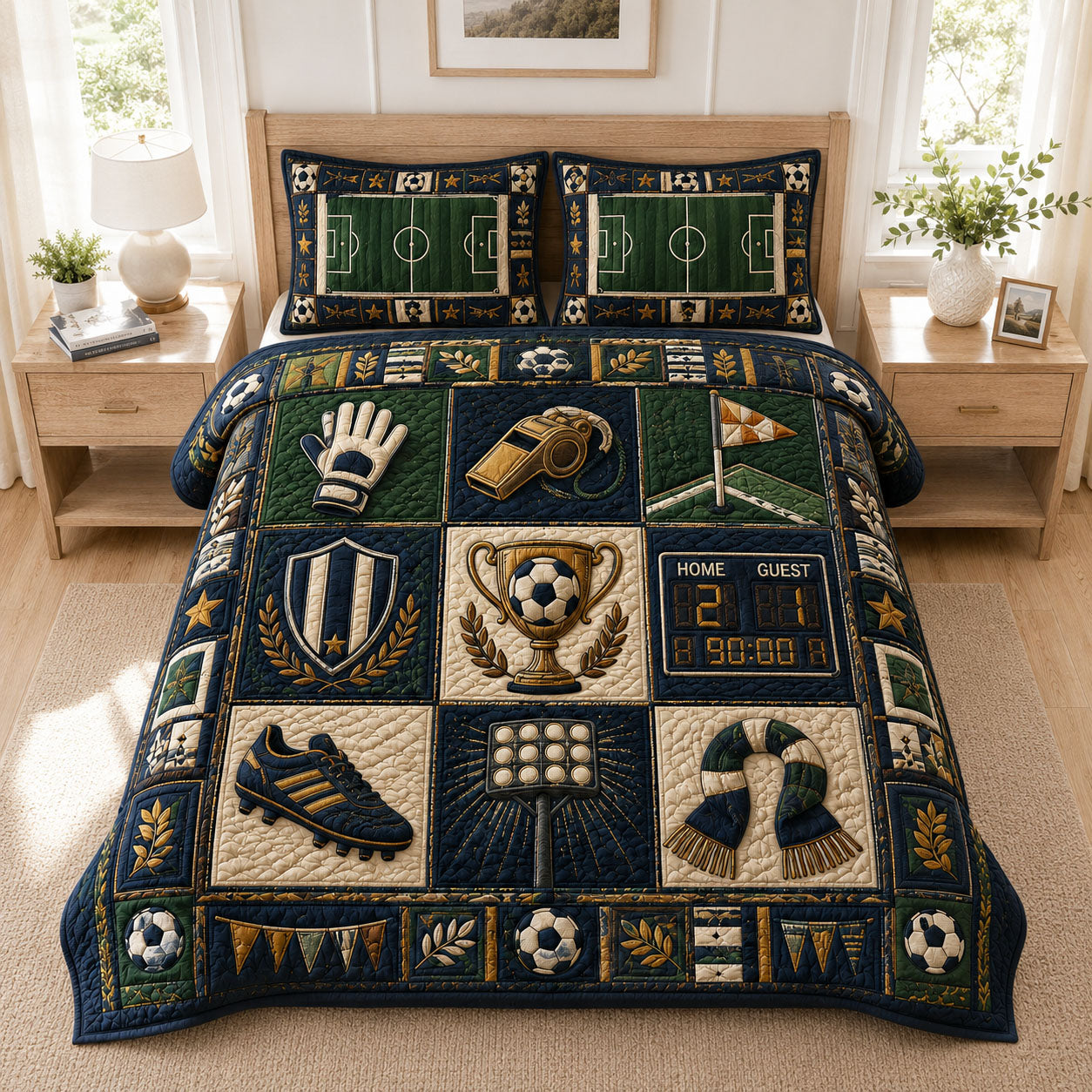 Soccer Icons Patchwork Sports 3-Piece Quilted Bedding Set GFTOHNL995