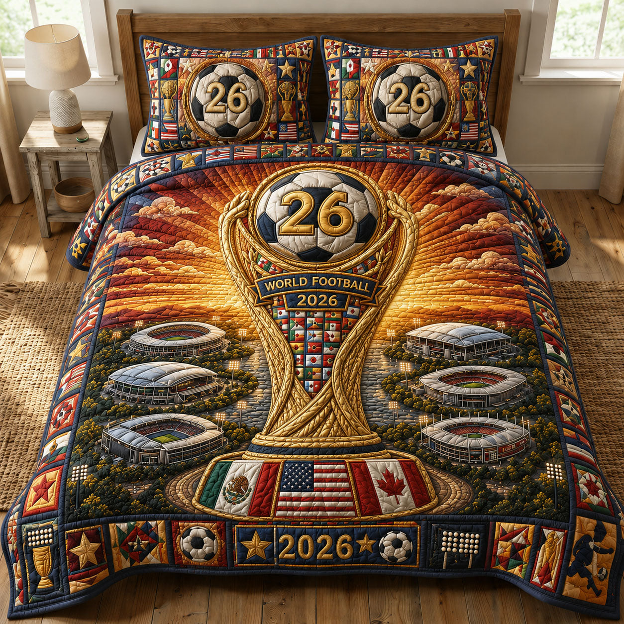 World Football 2026 Trophy Soccer 3-Piece Quilted Bedding Set GFTOHNL997