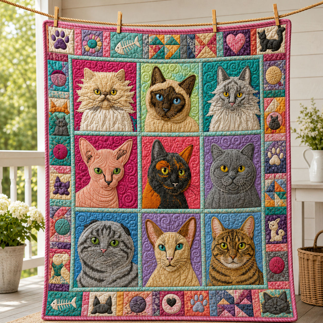 Colorful Cat Portrait Patchwork Quilted Blanket GFTOHNL999