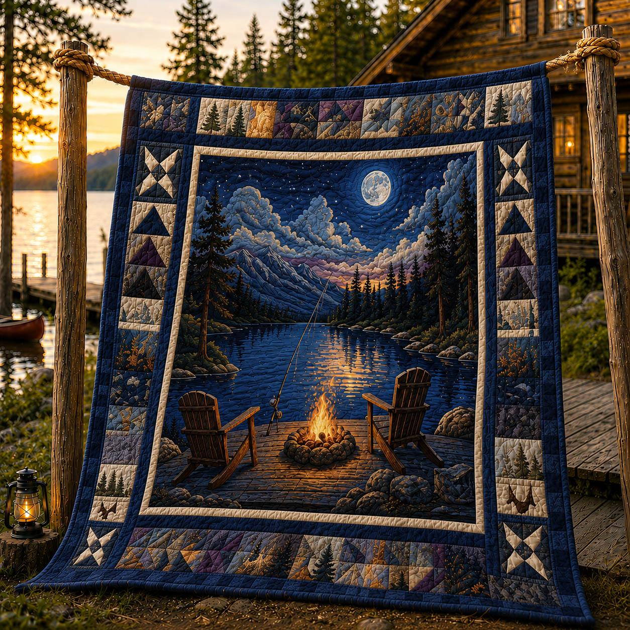 Moonlit Lakeside Campfire Quilted Blanket GFTOLAN1065
