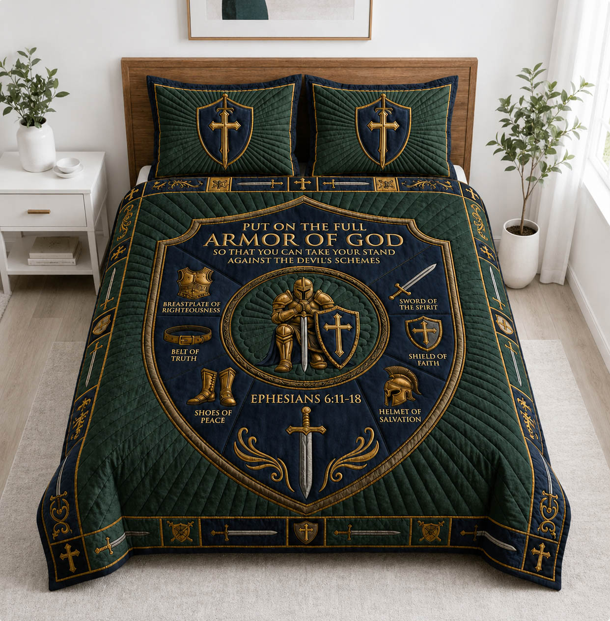 Sage Green Navy Armor Of God 3-Piece Quilted Bedding Set GFTOLAN1086