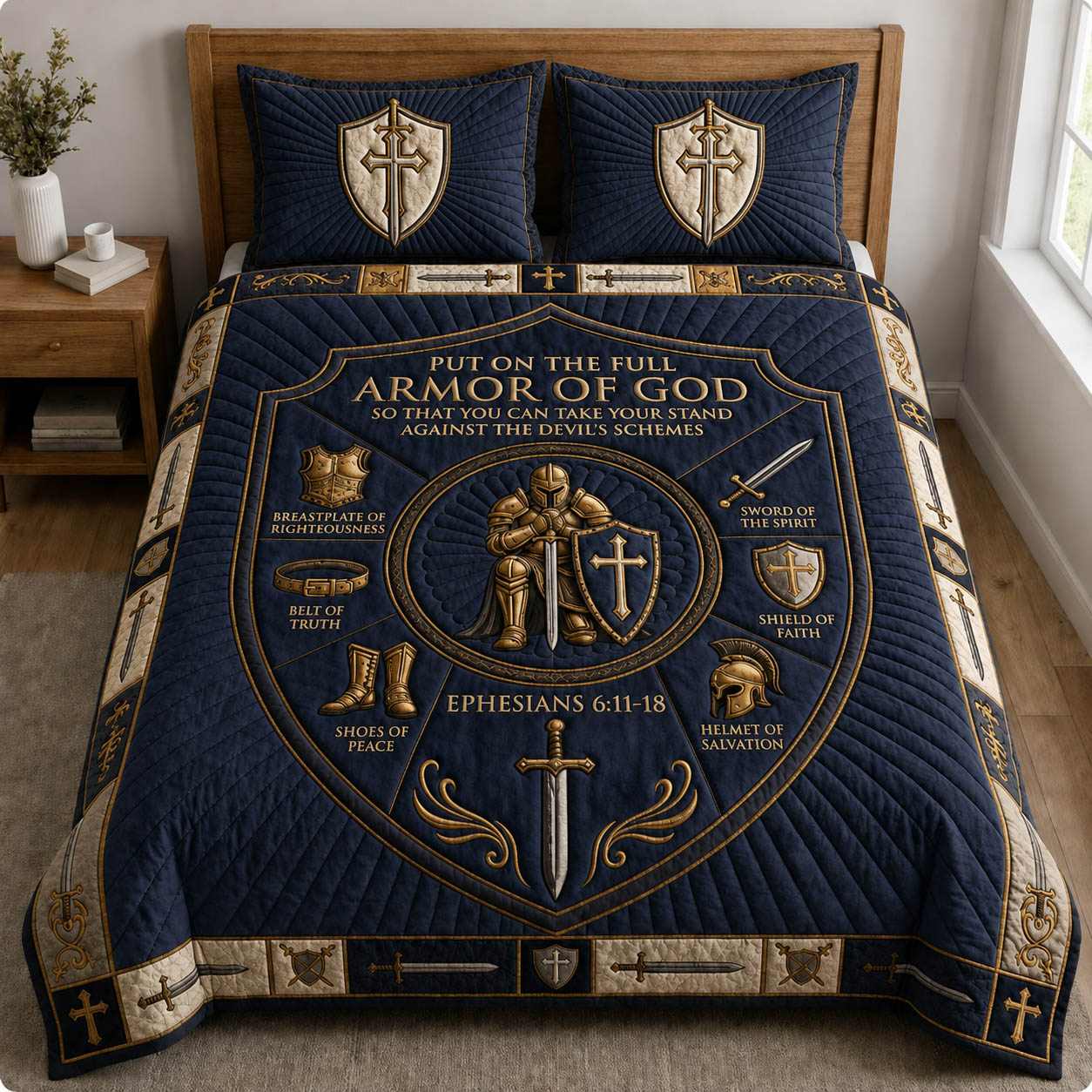 Midnight Navy Armor Of God 3-Piece Quilted Bedding Set GFTOLAN1087