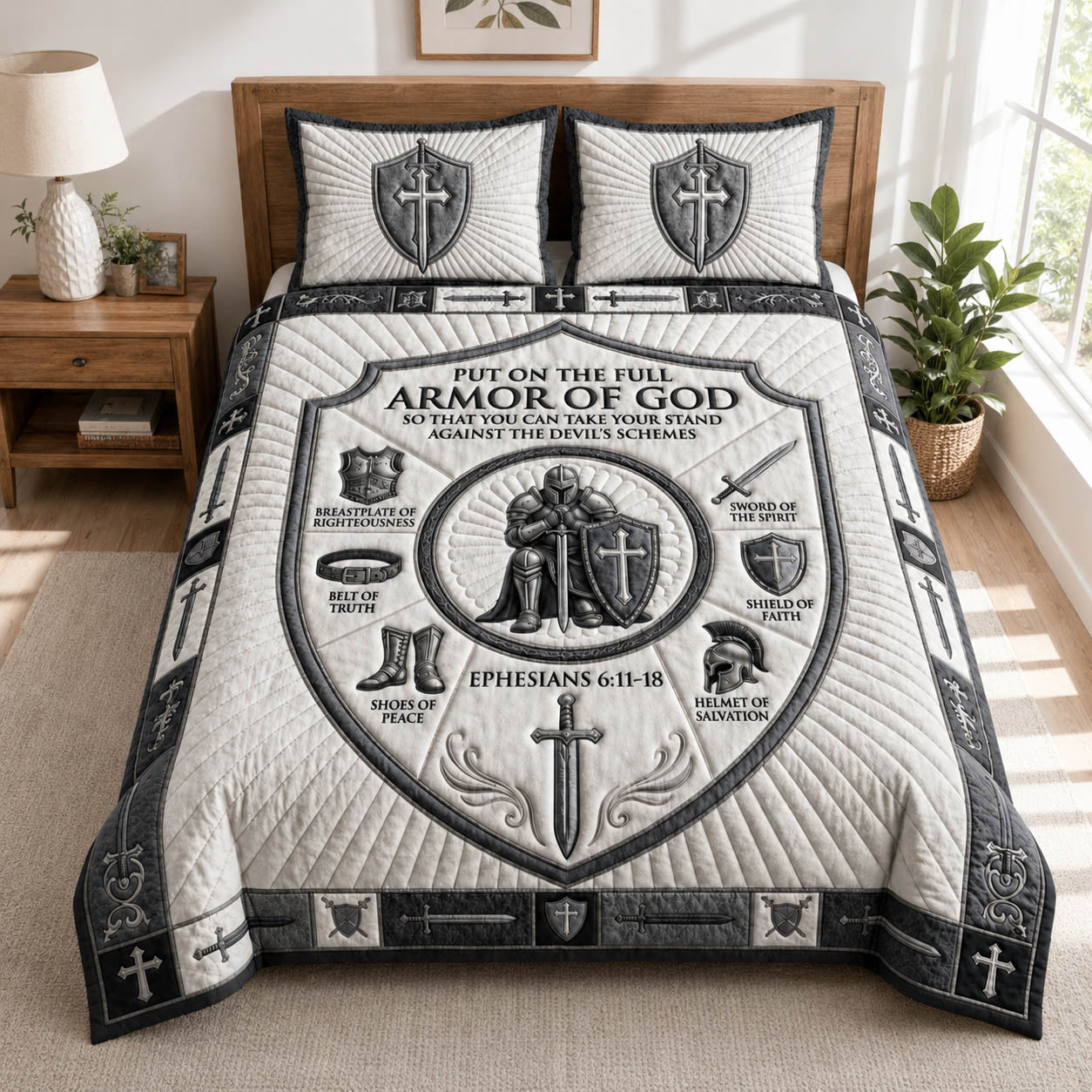 Steel Grey Armor Of God 3-Piece Quilted Bedding Set GFTOLAN1089