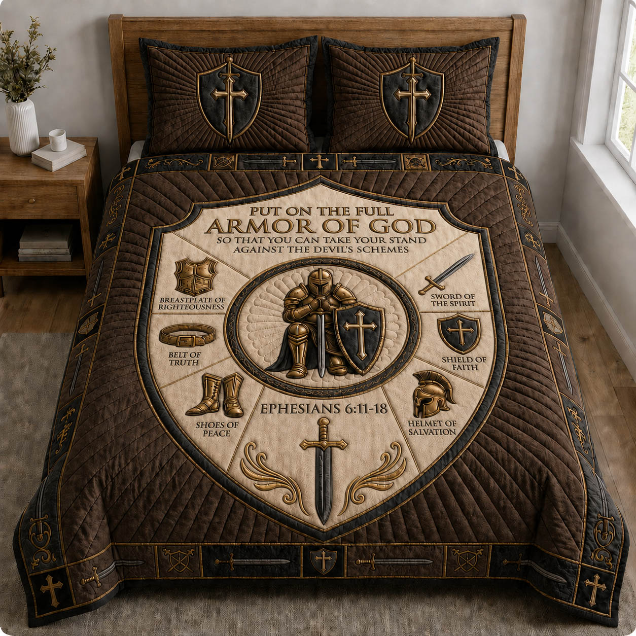 Brown Medieval Armor Of God 3-Piece Quilted Bedding Set GFTOLAN1091