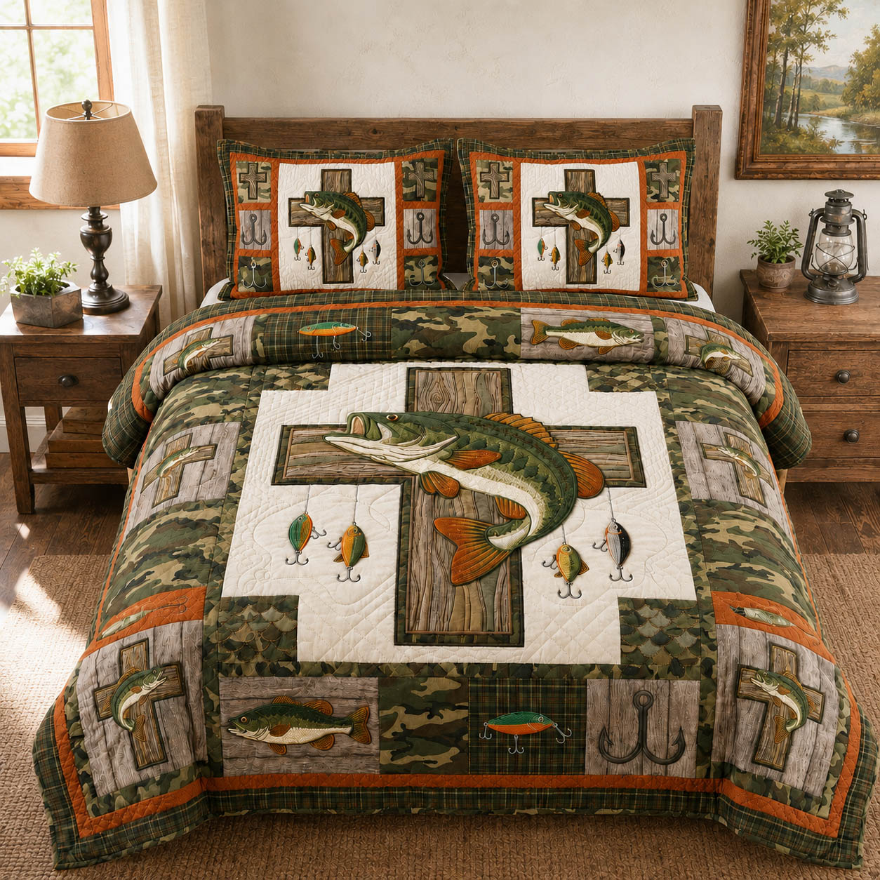 Camo Cross Fishing 3-Piece Quilted Bedding Set GFTOLAN1094