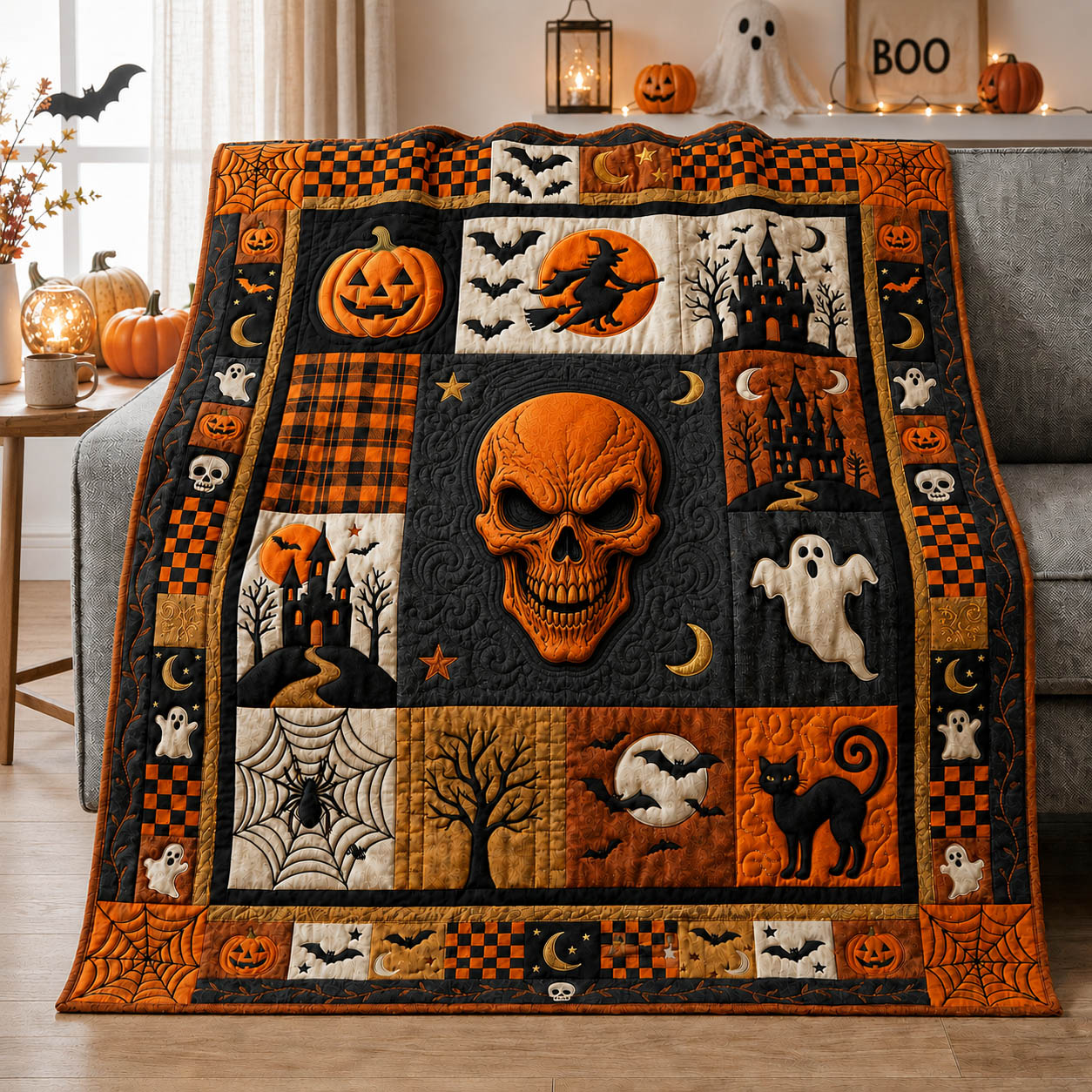 Skull Halloween Patchwork Quilted Blanket GFTOLAN1108