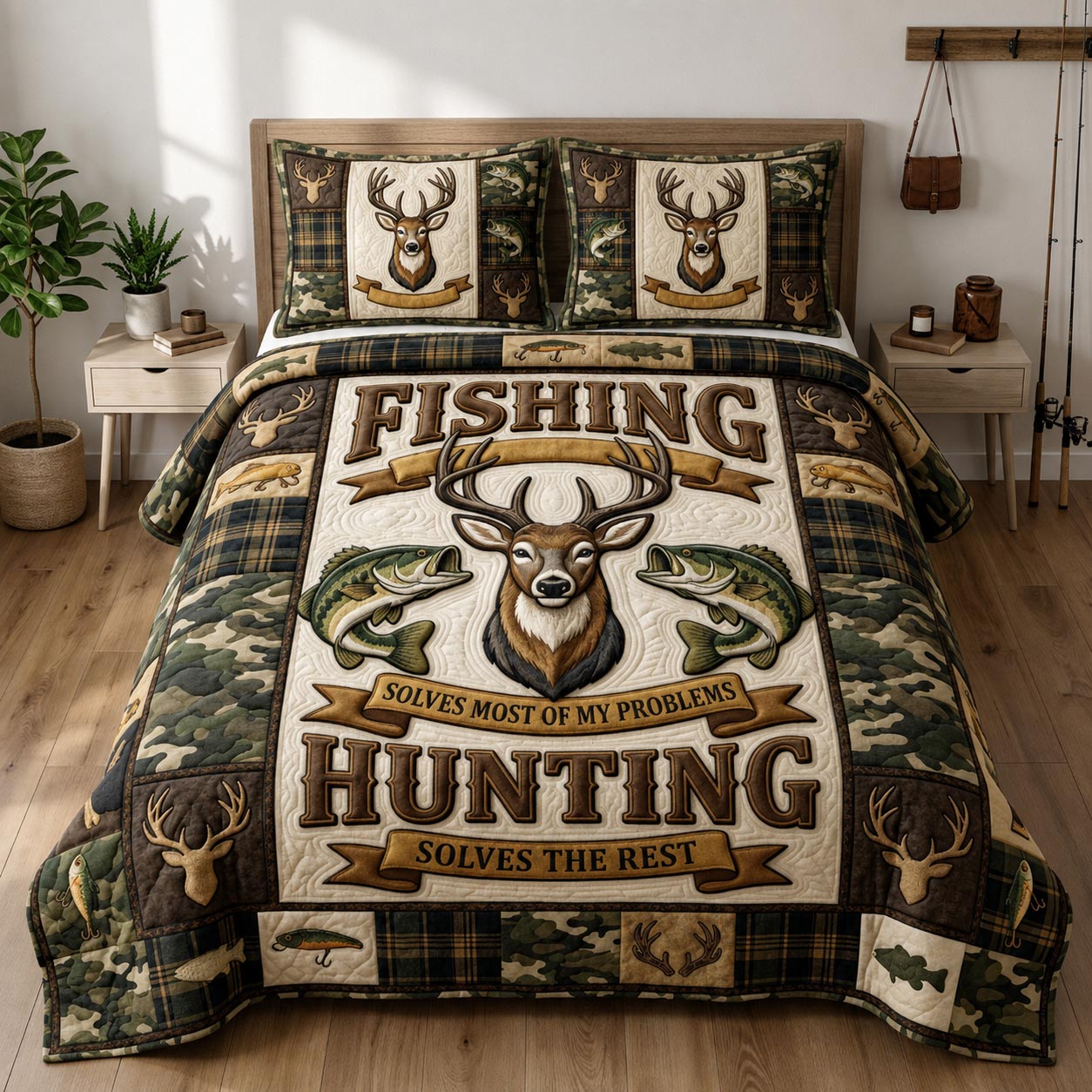 Hunting Fishing 3-Piece Quilted Bedding Set GFTOLAN1311