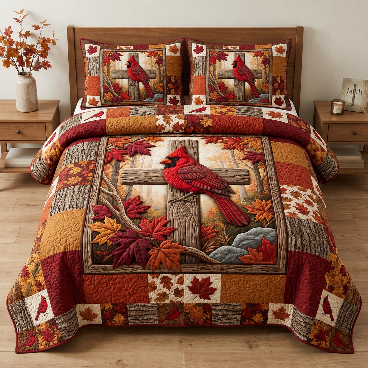 Cardinal Cross Autumn 3-Piece Quilted Bedding Set GFTOLAN1327