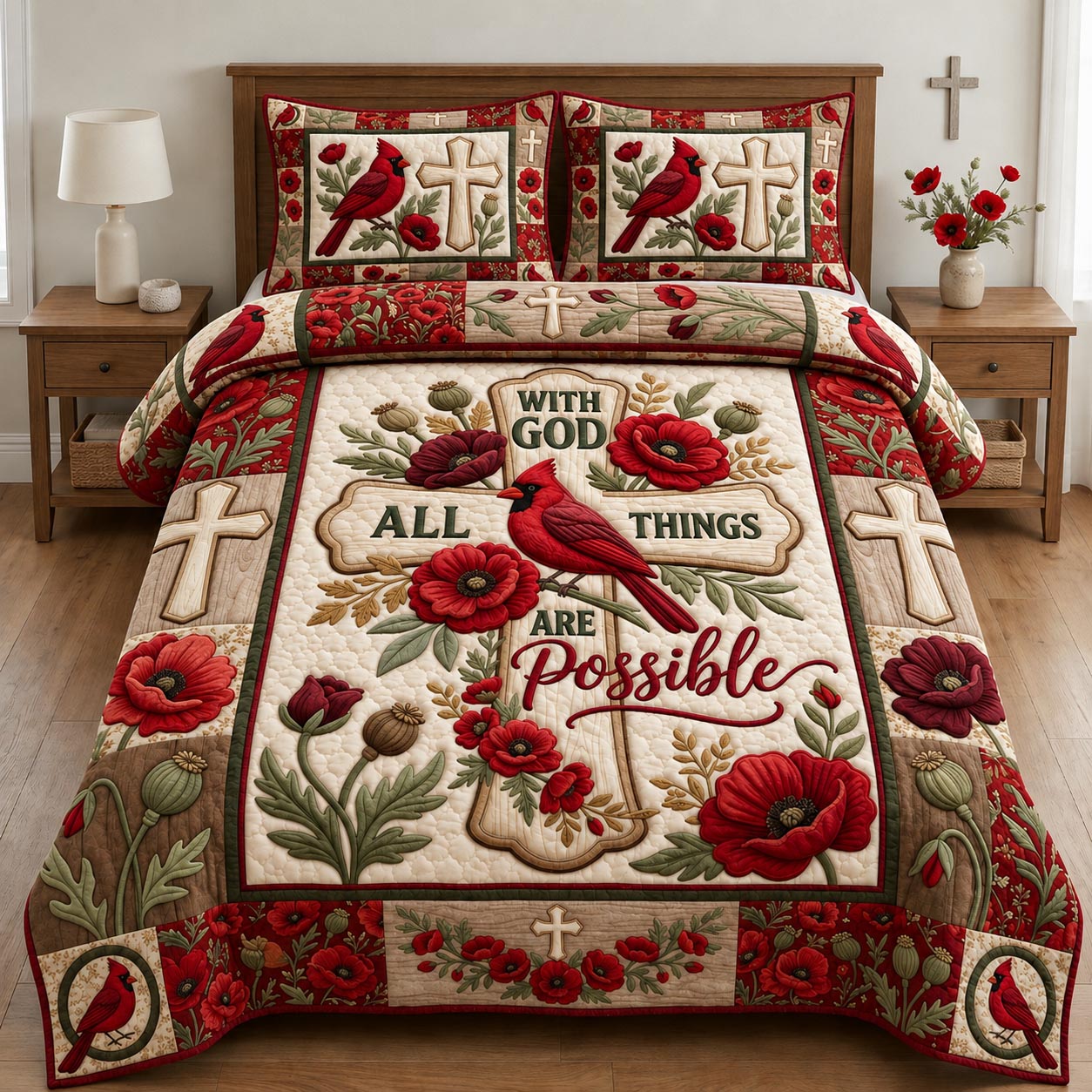 Cardinal With God All Things Are Possible 3-Piece Quilted Bedding Set GFTOLAN1331