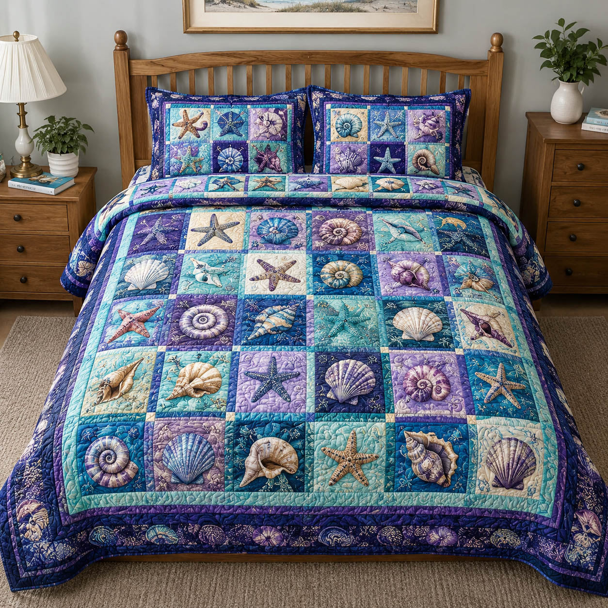 Coastal Seashell 3-Piece Quilted Bedding Set GFTOLAN255