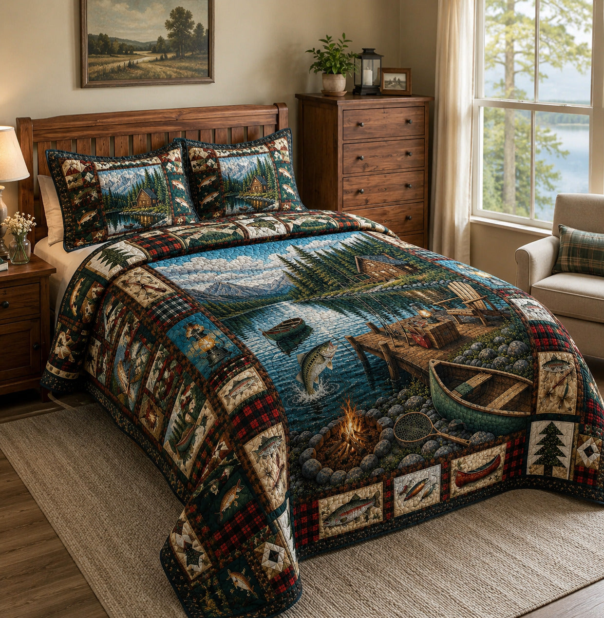 Lake Cabin Camping 3-Piece Quilted Bedding Set GFTOLAN261