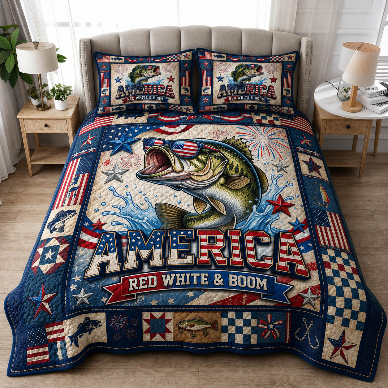 Patriotic Fishing 3-Piece Quilted Bedding Set GFTOLAN278