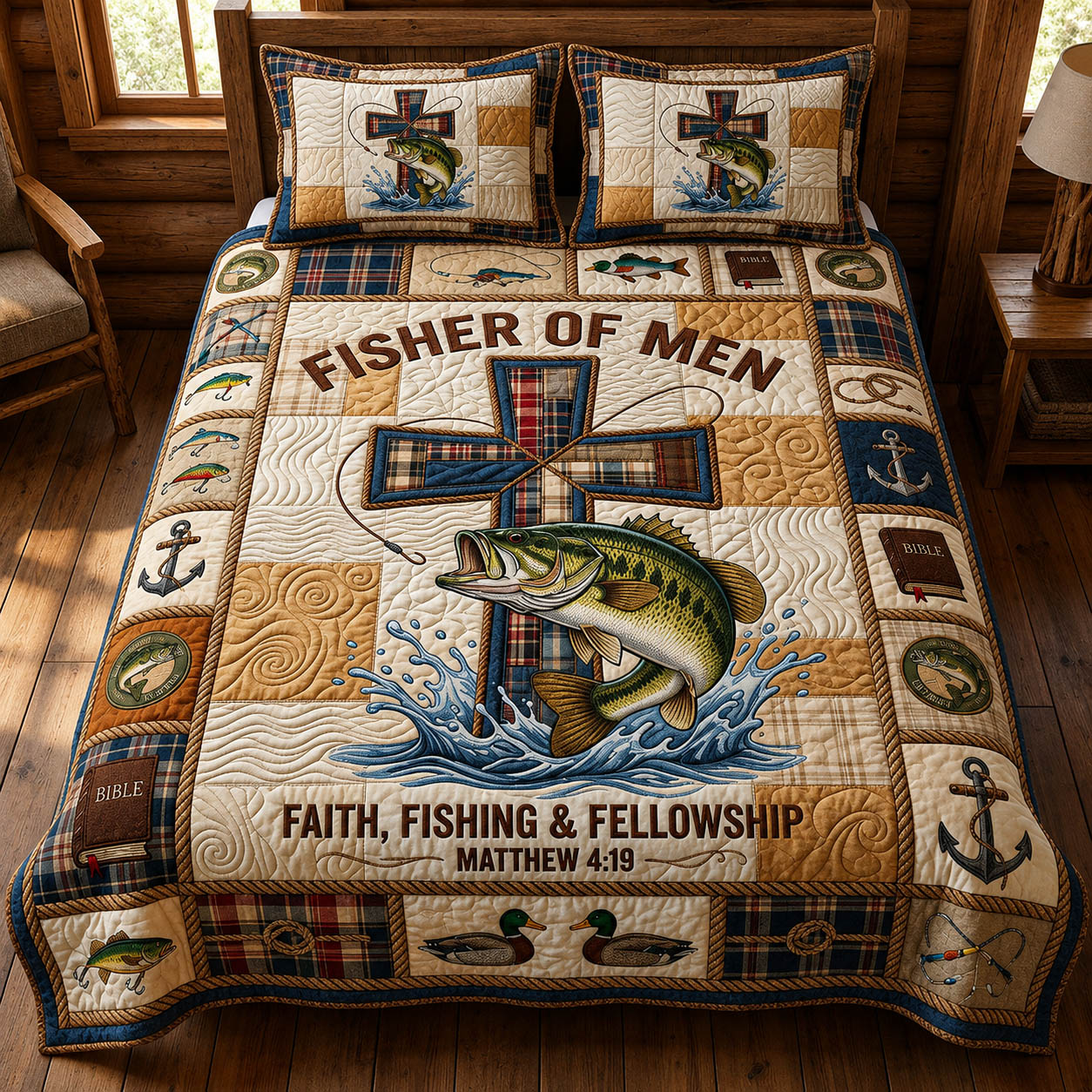 Fishers of Men Bass 3-Piece Quilted Bedding Set GFTOLAN325