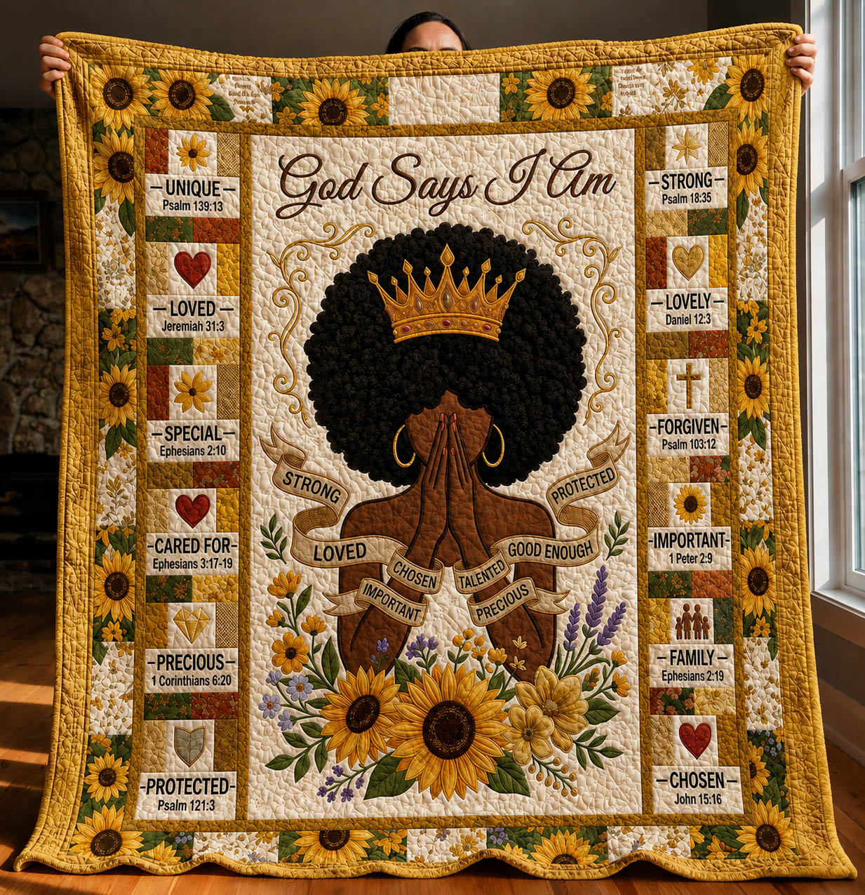 God Says I Am Black Quilted Blanket GFTOLAN341