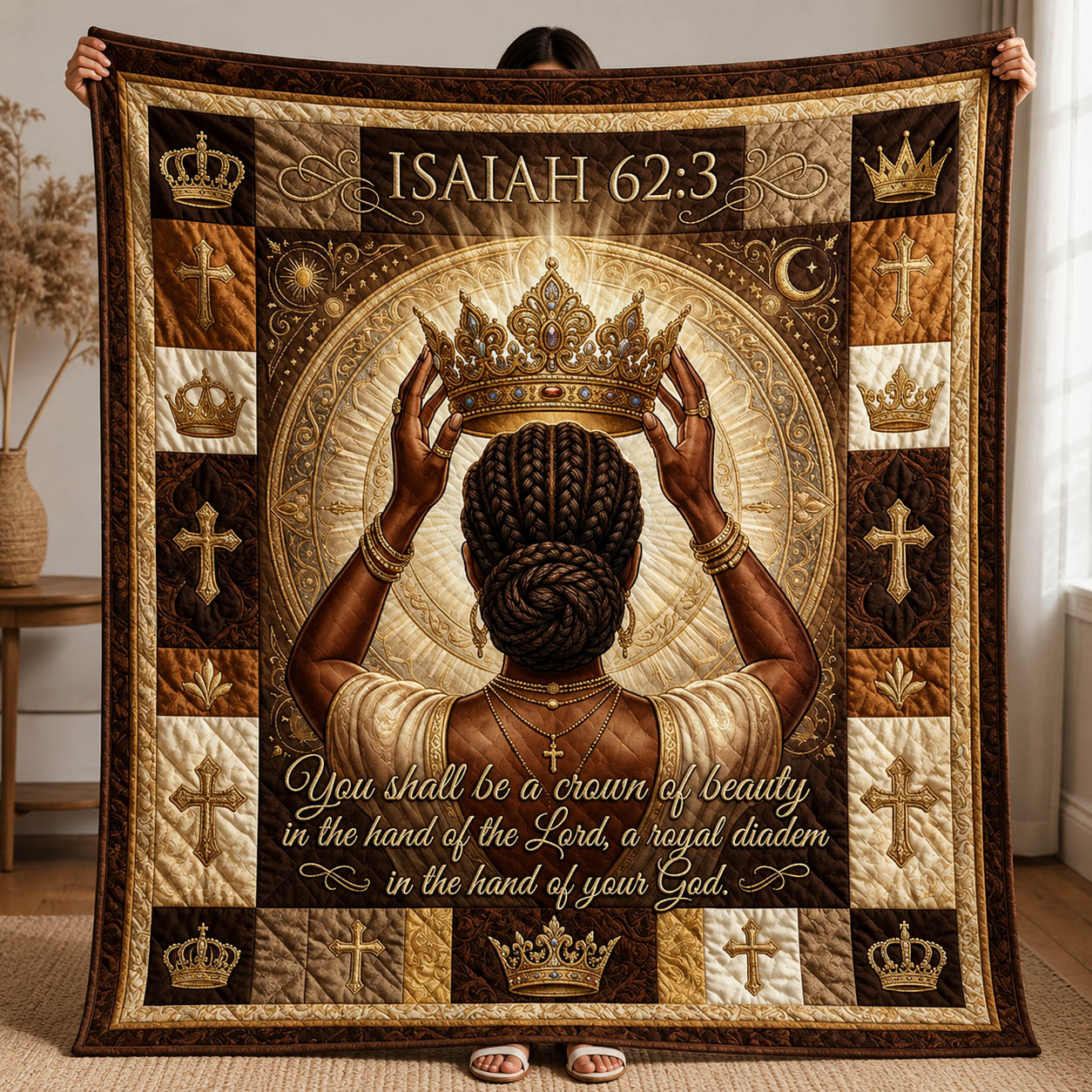Regal Crown Afro Woman Quilted Blanket GFTOLAN349