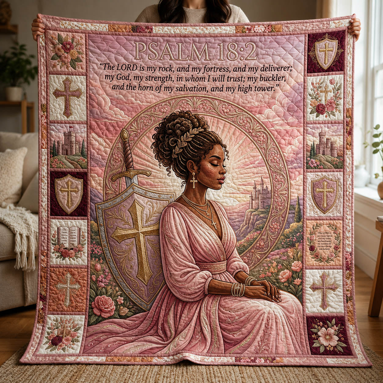 Pink Faith Afro Woman Quilted Blanket GFTOLAN350