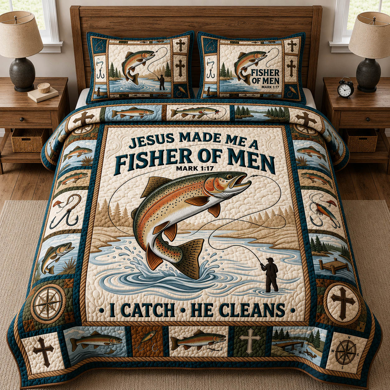 Jesus Mades Me Fisher of Men 3-Piece Quilted Bedding Set GFTOLAN401