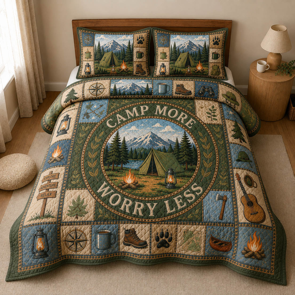 Camp More Worry Less 3-Piece Quilted Bedding Set GFTOLAN489