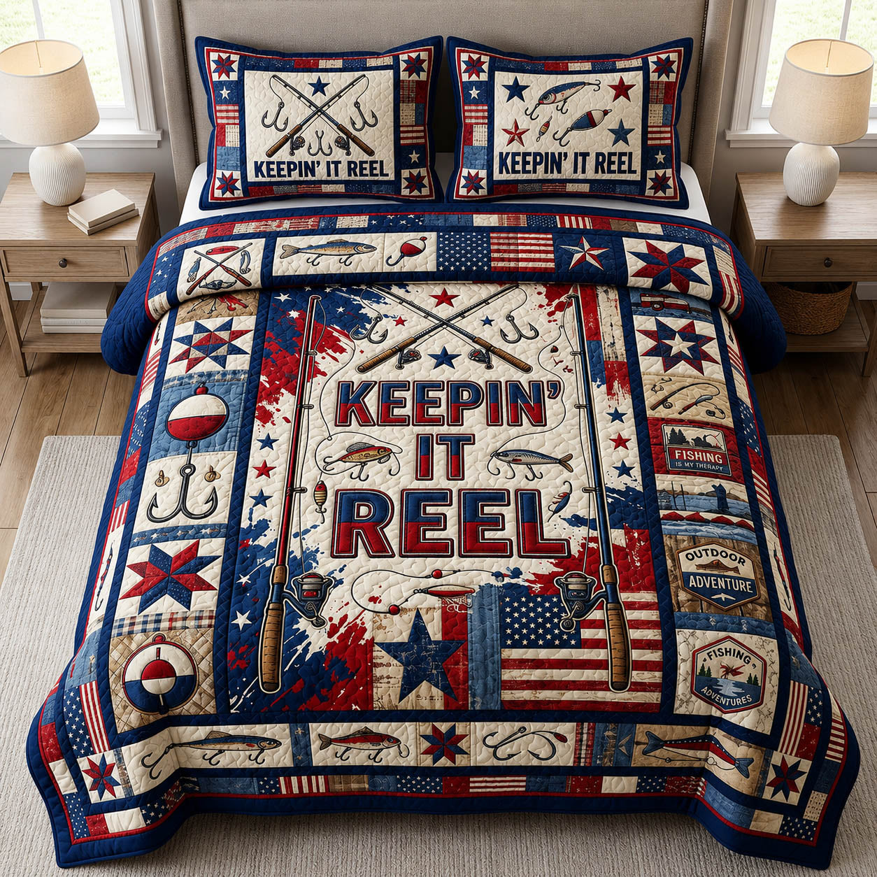 Fishing Keeping It Reel 3-Piece Quilted Bedding Set GFTOLAN490