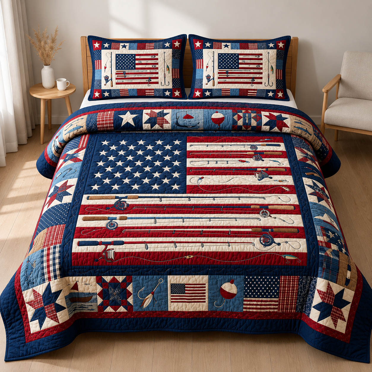 America Fishing Rode 3-Piece Quilted Bedding Set GFTOLAN492