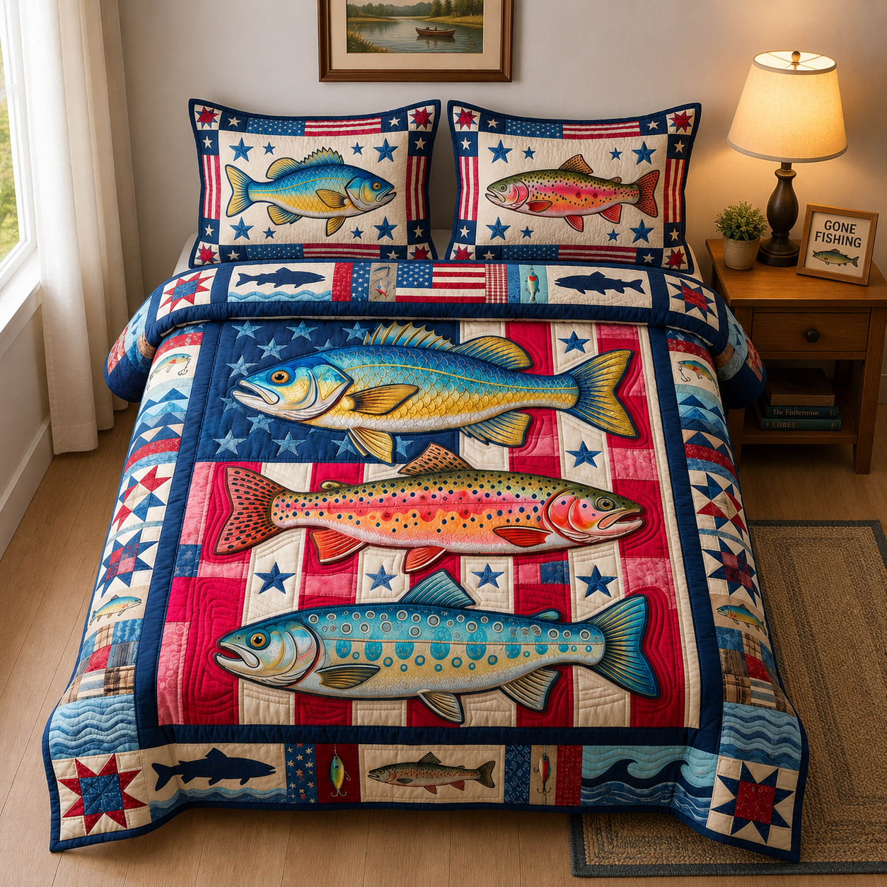 Stripped America Fishing 3-Piece Quilted Bedding Set GFTOLAN493