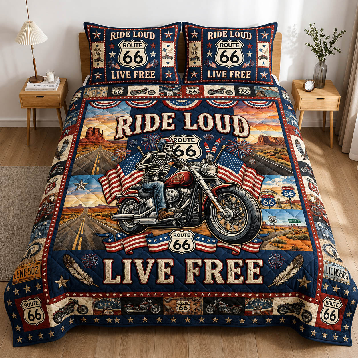 Gothic Biker Route 66 3-Piece Quilted Bedding Set GFTOLAN551